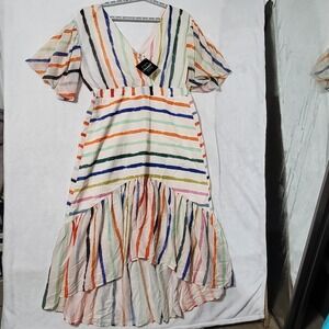 L'Atiste By Amy Dress Womens 1X Multicolor Stripe Hi Low Wrap Chiffon Sundress
